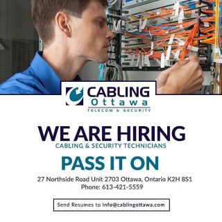 Cabling Ottawa is looking to hire Cabling & Security Technicians to their team. If you or someone you know is interested please email resumes at info@cablingottawa.com.